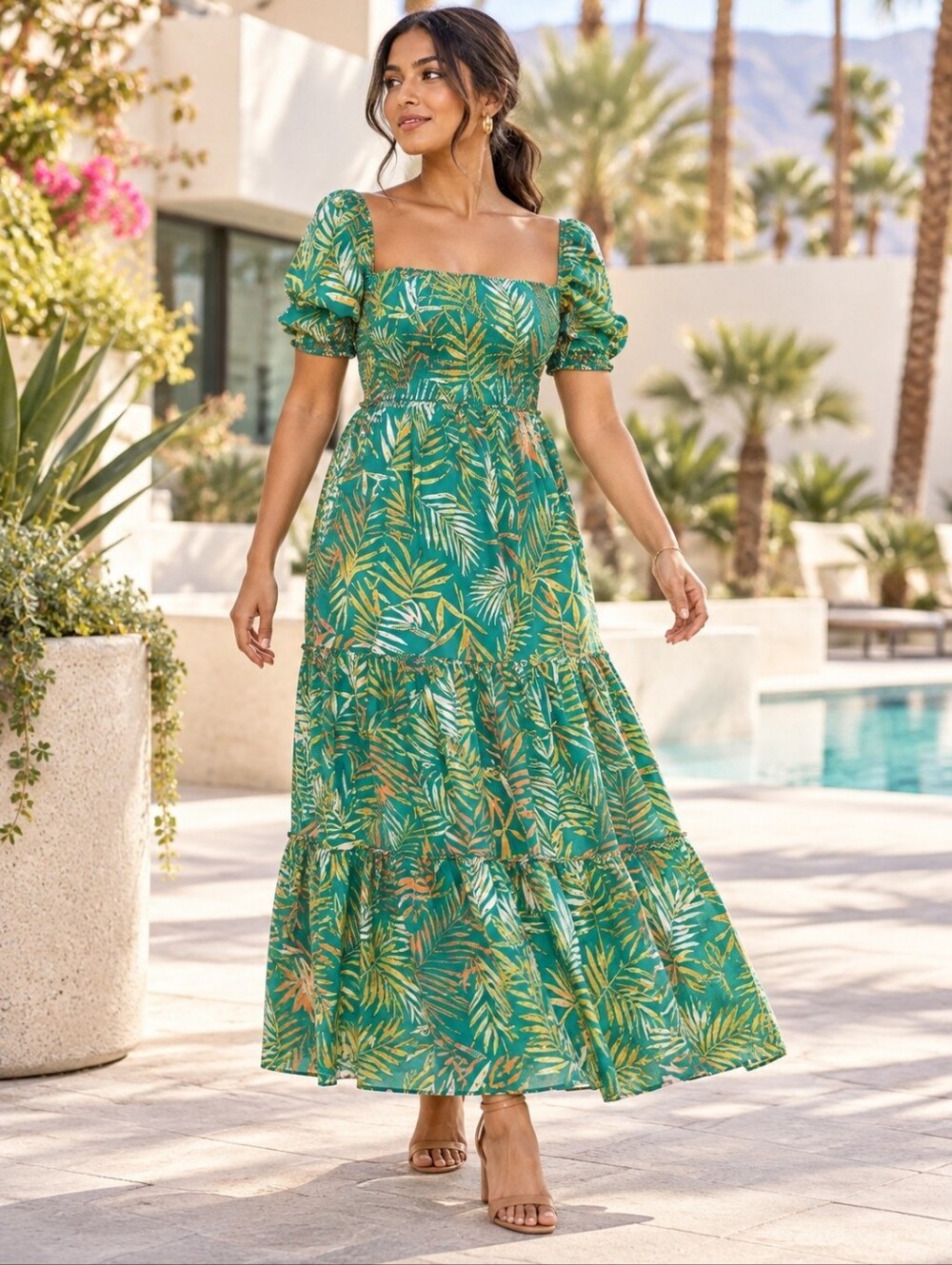 Betsey Johnson Tropical Oasis Palm Smocked Puff Sleeve Maxi Dress M